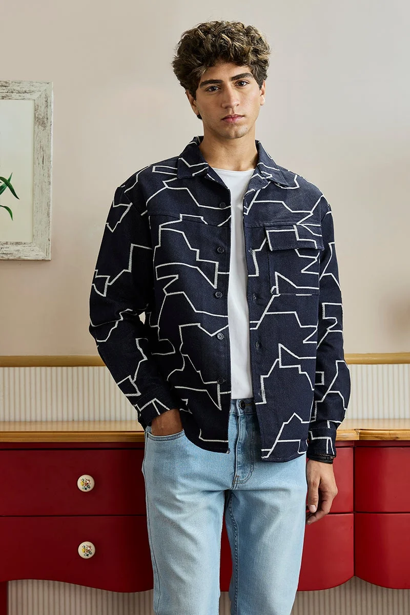 سنيتش Navy Embroidered Long Sleeve Relaxed Streetwear Overshirt