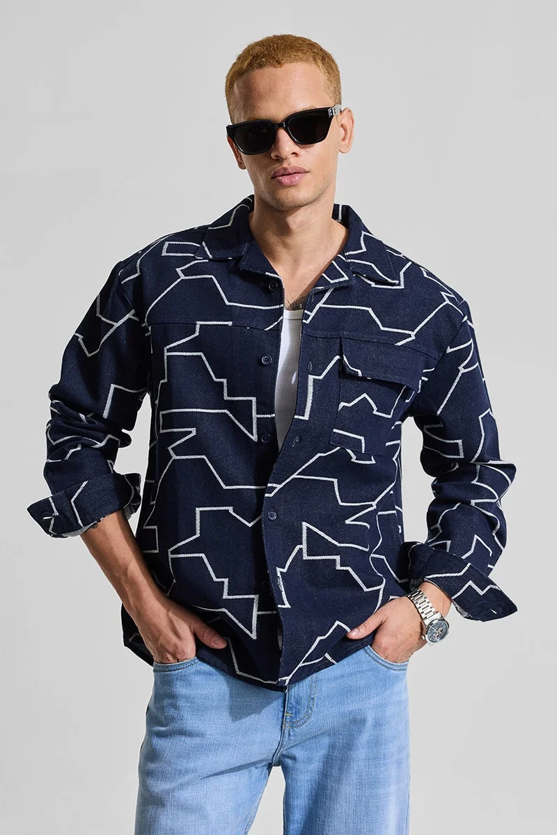 سنيتش Navy Embroidered Long Sleeve Relaxed Streetwear Overshirt