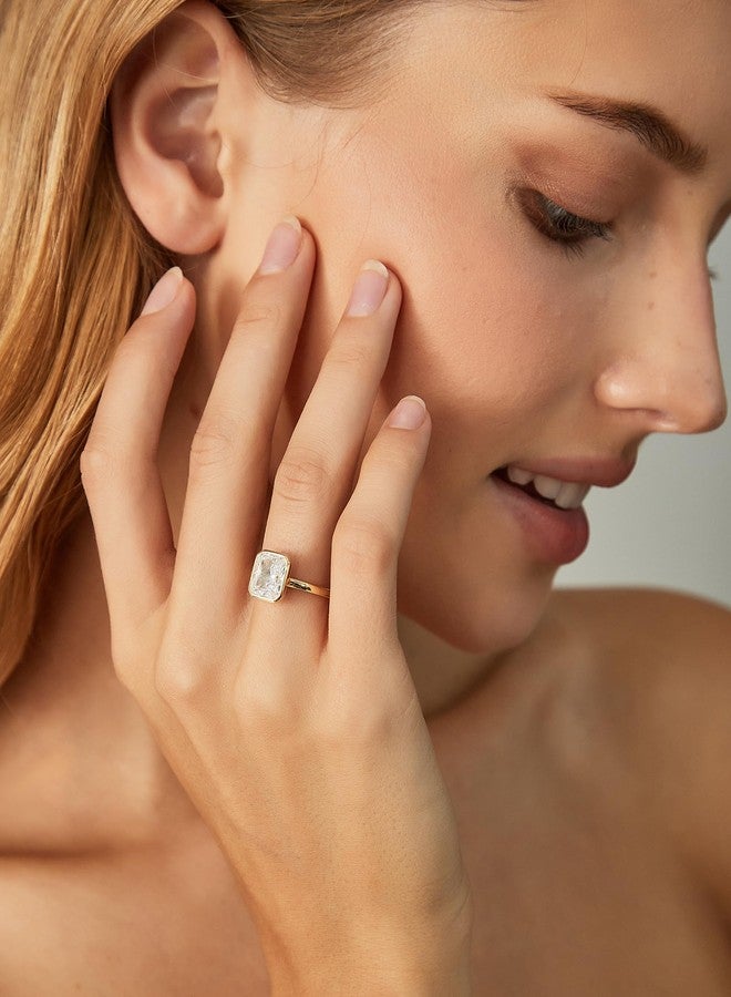 EAMTI 3CT Engagement Rings for Women Radiant Cut CZ Solitaire Promise Wedding Bands Travel Bezel Ring 14K Gold Plated Size 6 - Image 4