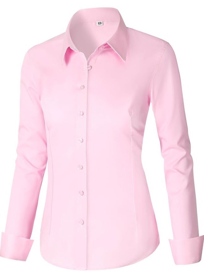 CUNLIN Womens Cotton Button Down Shirts for Women Fitted Long Sleeve Formal Dress Shirt Work Blouses Tops, Pink, L - Image 1