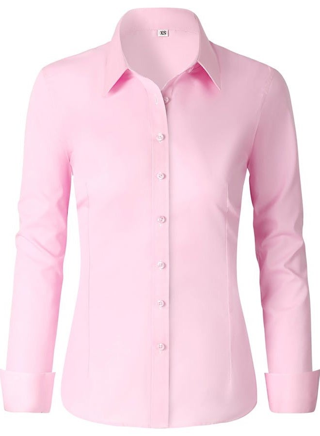 CUNLIN Womens Cotton Button Down Shirts for Women Fitted Long Sleeve Formal Dress Shirt Work Blouses Tops, Pink, L - Image 2