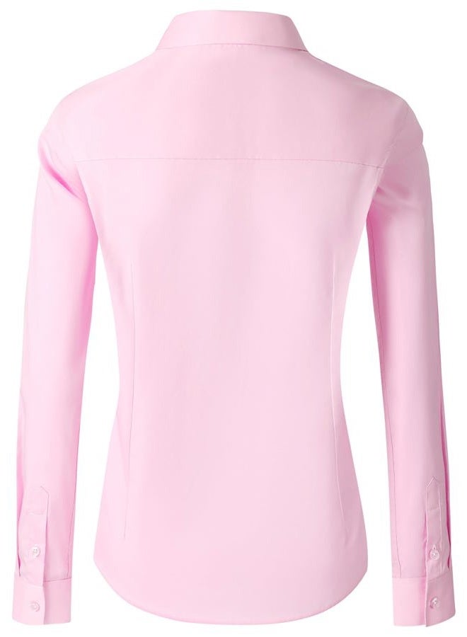 CUNLIN Womens Cotton Button Down Shirts for Women Fitted Long Sleeve Formal Dress Shirt Work Blouses Tops, Pink, L - Image 3