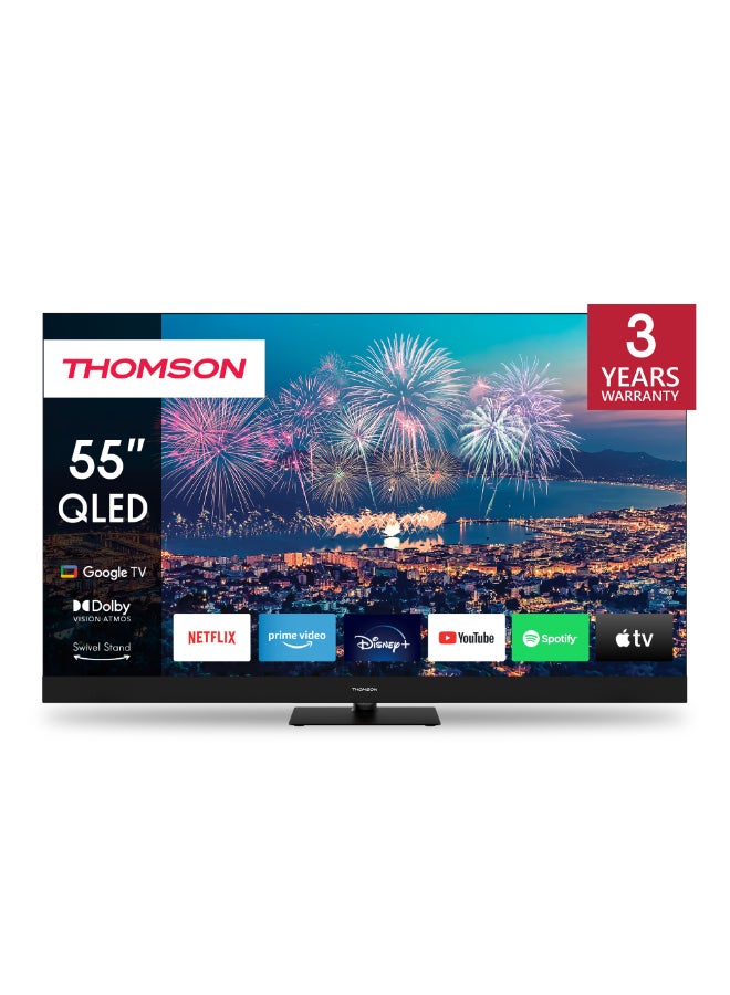 Thomson 55-Inch QLED Plus Google TV – 2025 Model with 4K UHD, Dolby Vision, Front Speakers, Smart Voice Control, Google Voice Assistant, Built-in YouTube & Netflix, Smart Television, Vibrant Display