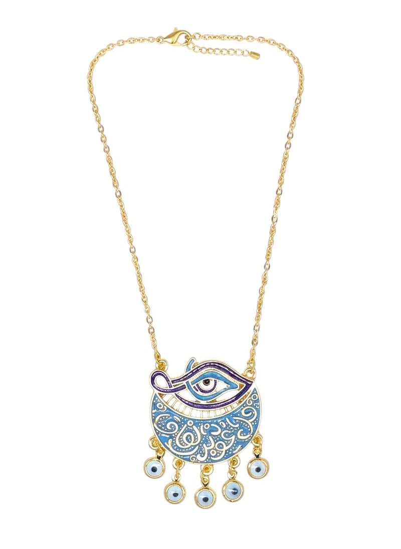 Carry protection and elegance in one piece! This enchanting necklace combines the magic of history with the power of faith. The main pendant, inspired by the mythical "Eye of Horus," symbolizes protection and healing and bears the holy verse "Say, 'I seek refuge in the Lord of the daybreak,'" giving it a profound spiritual value. This unique piece combines beauty and reassurance, adding a touch of light to your look. - Image 1