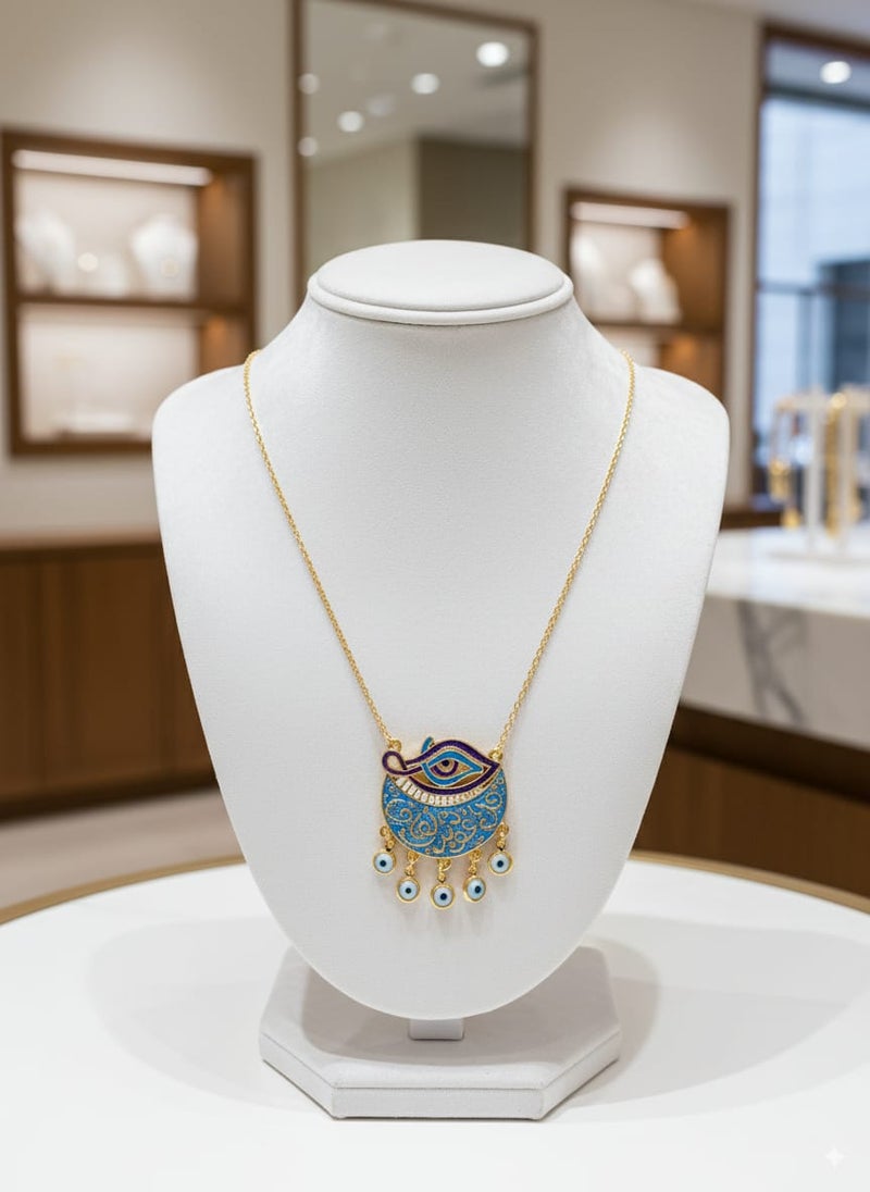 Carry protection and elegance in one piece! This enchanting necklace combines the magic of history with the power of faith. The main pendant, inspired by the mythical "Eye of Horus," symbolizes protection and healing and bears the holy verse "Say, 'I seek refuge in the Lord of the daybreak,'" giving it a profound spiritual value. This unique piece combines beauty and reassurance, adding a touch of light to your look. - Image 2