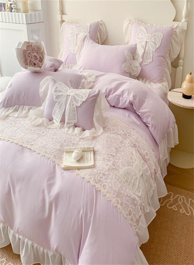 MOOWOO Duvet Cover Queen Size,Chic Lace 3 Pieces Comforter Cover with Bowknot Bow Tie (1 Duvet Cover 90x90 Inch, 2 Pillowcases) Soft Washed Microfiber Ruffled Bedding Set,Aesthetic bedding-Purple,Queen Size - Image 3