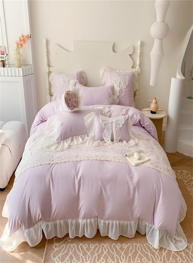 MOOWOO Duvet Cover Queen Size,Chic Lace 3 Pieces Comforter Cover with Bowknot Bow Tie (1 Duvet Cover 90x90 Inch, 2 Pillowcases) Soft Washed Microfiber Ruffled Bedding Set,Aesthetic bedding-Purple,Queen Size - Image 2