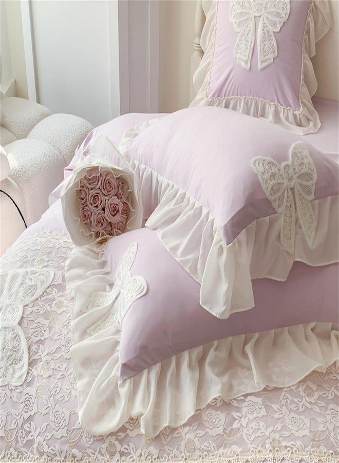MOOWOO Duvet Cover Queen Size,Chic Lace 3 Pieces Comforter Cover with Bowknot Bow Tie (1 Duvet Cover 90x90 Inch, 2 Pillowcases) Soft Washed Microfiber Ruffled Bedding Set,Aesthetic bedding-Purple,Queen Size - Image 5