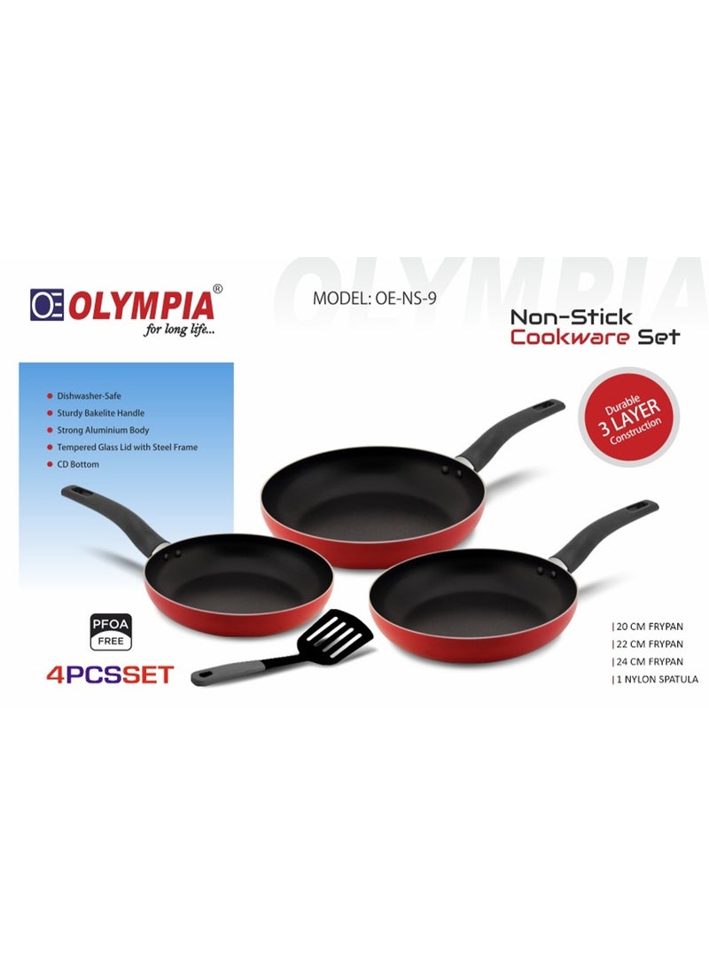 Olympia Red Series Non-Stick Cookware – 3 Frypans + Nylon Spatula - Image 1