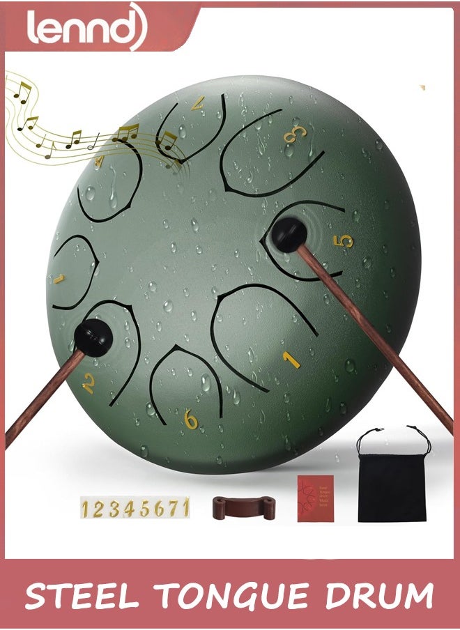LENND Steel Tongue Drum, 6 Inches 8 Notes Rain Drums for Outside Garden, Rain Chime Hand pan with Music Book, Mallets, Musical Instrument for Adult Kid Gift (Green, 6 Inches)  - Image 1