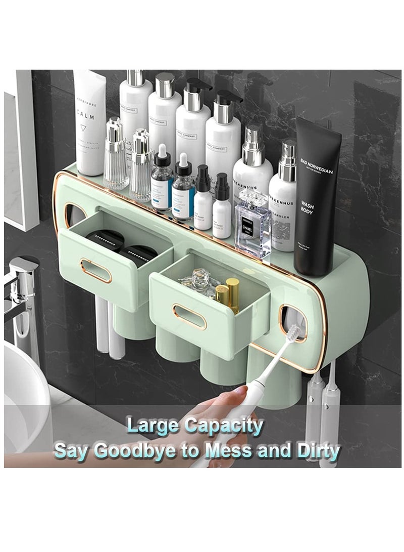 Excefore Toothbrush Holders for Bathrooms, 2 Cups Toothbrush Holder Wall Mounted with Toothpaste Dispenser, Large Capacity Tray, Cosmetic Drawer - Tooth Brushing Holder & Bathroom Accessories, 2 Cup, Green - Image 5