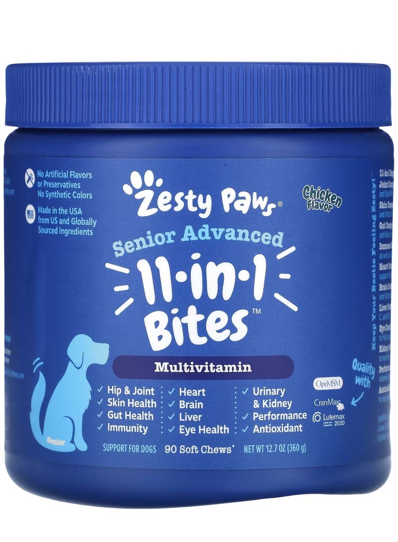 Zesty Paws, Senior Advanced 11 in 1 Bites, For Dogs, Multivitamin, Chicken, 90 Soft Chews, 12.7 oz (360 g)