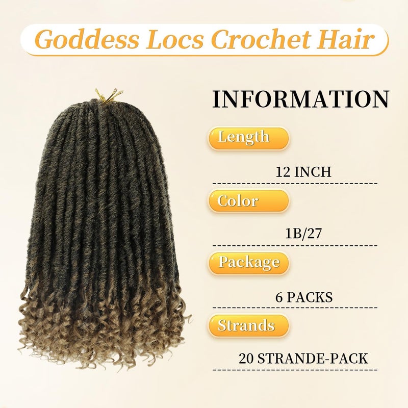 MODERN QUEEN Goddess Locs Crochet Hair 6 Packs, 12 Inch Straight Faux Locs Crochet Braids, Pre-Looped Curly Soft Synthetic Ombre Braiding Hair Extensions for Black Women(12 Inch, 6 Packs, 1B/27#) - Image 2