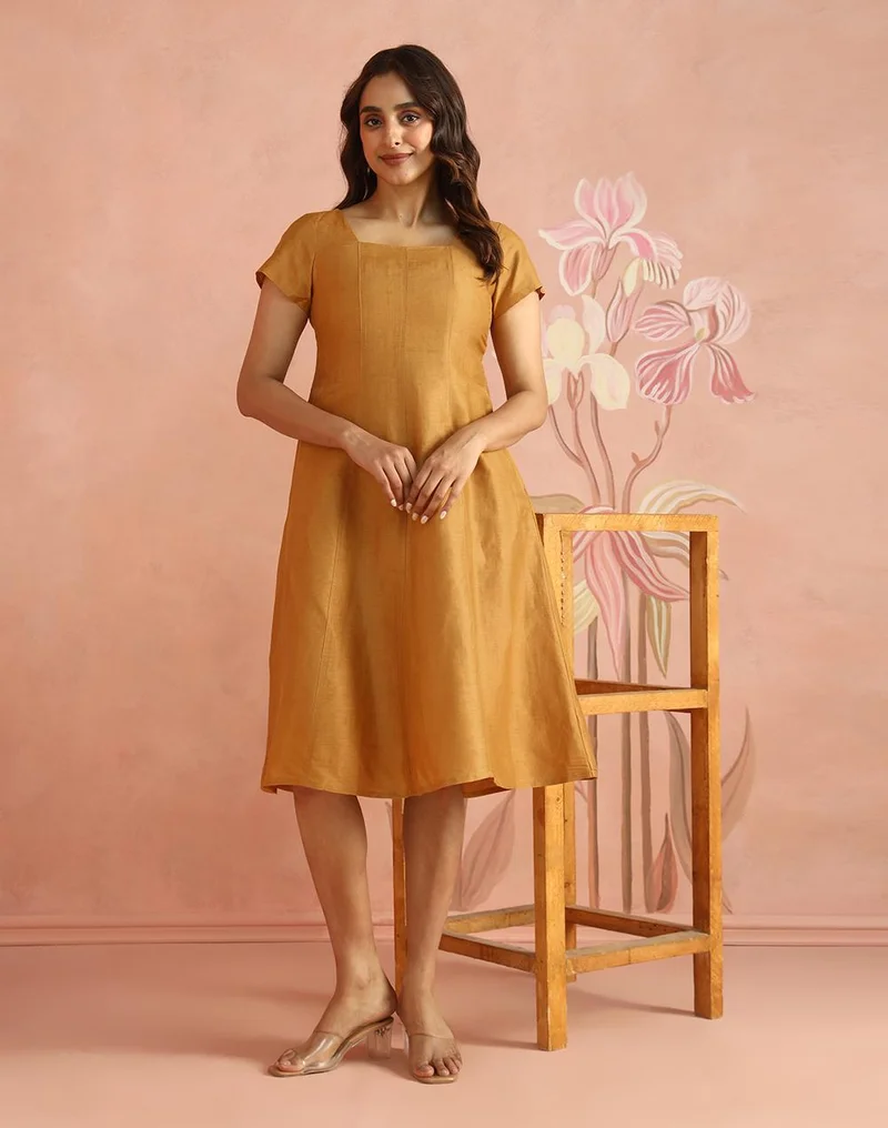 Yellow Linen Silk Midi Dress
