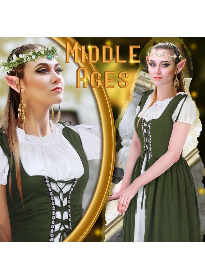Bonuci Bonuci Women Renaissance Dress Medieval Costume Women with Elf Ears, Moon Head Chain and Woodland Fairy Crown for Carnival(Large/X-Large, Short Sleeves Light Green) - Image 5