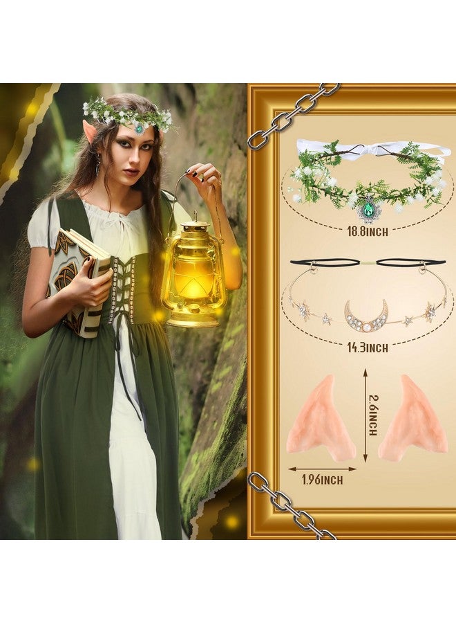 Bonuci Bonuci Women Renaissance Dress Medieval Costume Women with Elf Ears, Moon Head Chain and Woodland Fairy Crown for Carnival(Large/X-Large, Short Sleeves Light Green) - Image 3