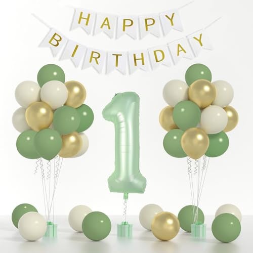 Yumiche Sage Green First Birthday Decorations For Boys 40inch Olive Green Number 1 Balloon And Happy Birthday Banner Set With 12inch Sage Green Cream Metallic Gold Balloons For Kids 1st Birthday Decorations - Image 1