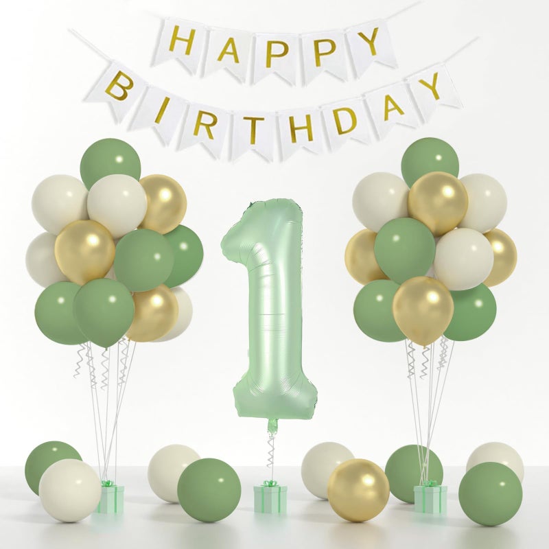 Yumiche Sage Green First Birthday Decorations For Boys 40inch Olive Green Number 1 Balloon And Happy Birthday Banner Set With 12inch Sage Green Cream Metallic Gold Balloons For Kids 1st Birthday Decorations - Image 2