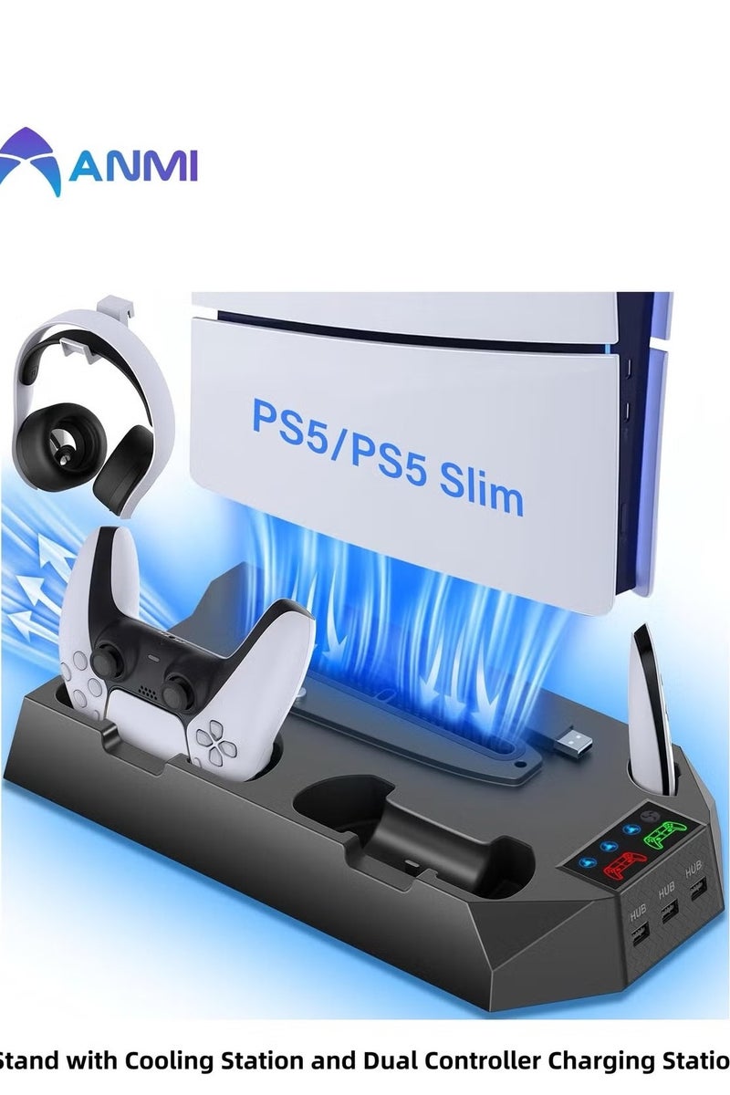 Anmi nmi PS5 Slim Stand with Cooling Station and Dual Controller Charging Station for PS5 Slim Digital Edition, PS5 Slim Disc Version, PS5 Slim Cooling Fan with Headset Holder and 3 Adjustable Fan Speeds（Black）