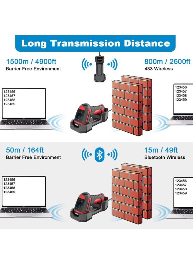 Symcode 2D Industrial Barcode Scanner with Charging Stand and Screen, 433Mhz 2-in-1 Bluetooth Wireless Hands-Free Barcode Reader Rugged Heavy Duty 2000 Feet Transmission Distance for Large Warehouse. - Image 5