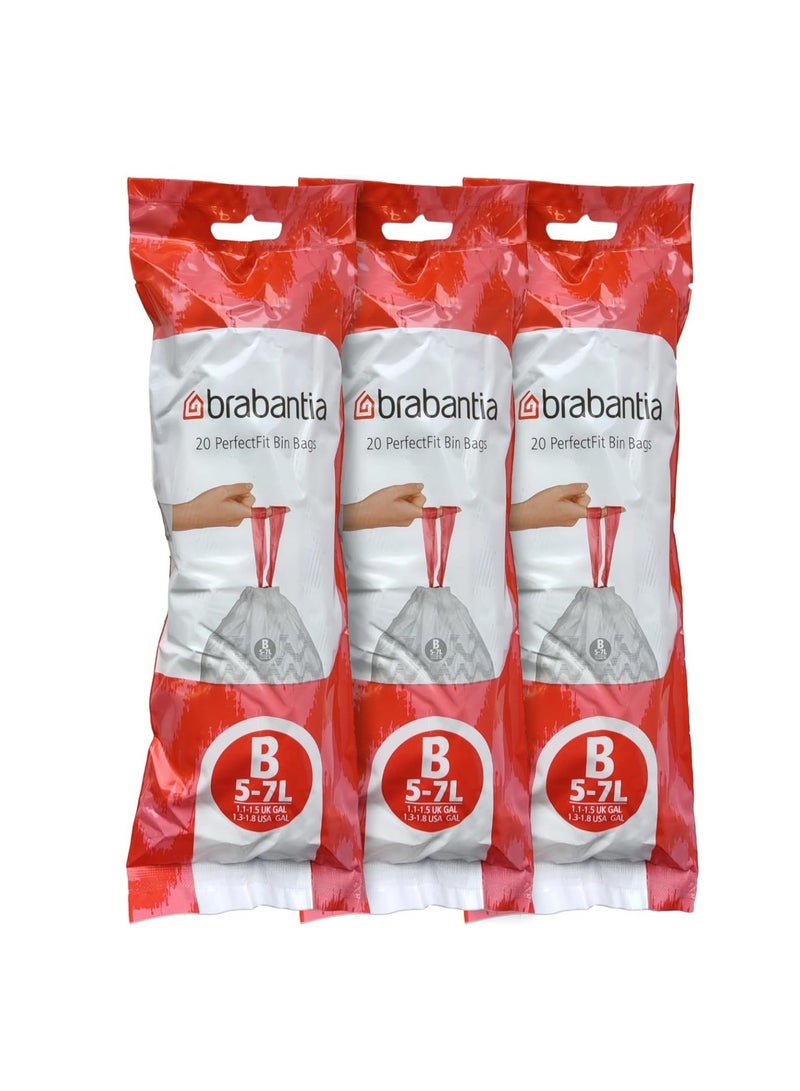 برابانتيا Brabantia PerfectFit أكياس نفايات مقاس B (5–7 لتر) – 60 كيس – أكياس قمامة قوية برباط شد، أبيض - Image 1