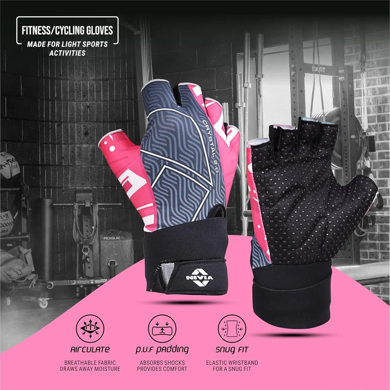 نيفيا Nivia Crystal 2.0 Adjustable Gym Gloves for Men & Women - Pink, Size L