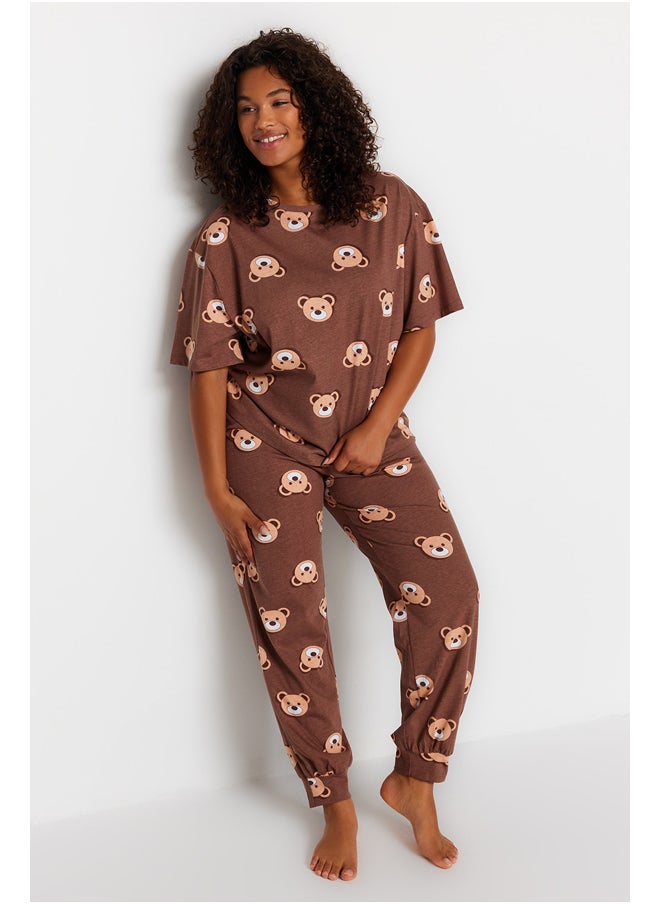 trendyol - Brown Teddy Bear Pattern Knitted Pajamas Set TBBAW23AI00039 - Image 1