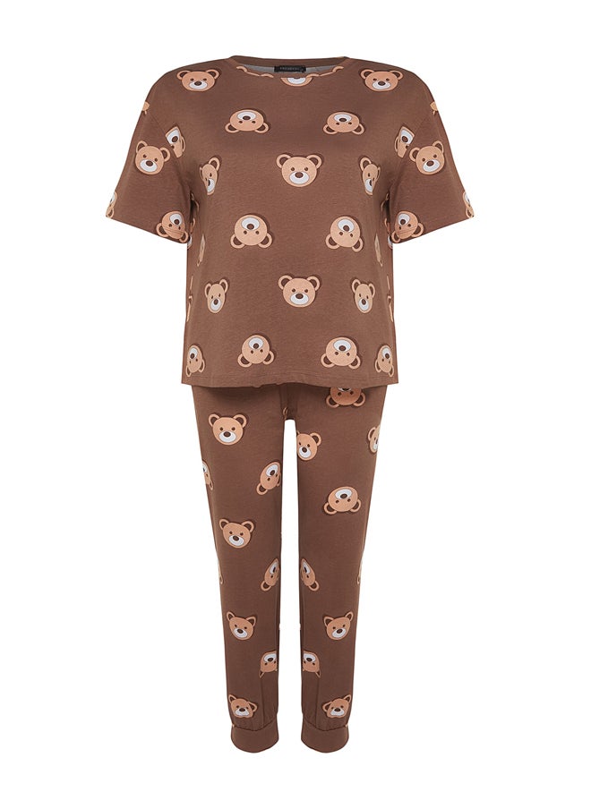 trendyol - Brown Teddy Bear Pattern Knitted Pajamas Set TBBAW23AI00039 - Image 1