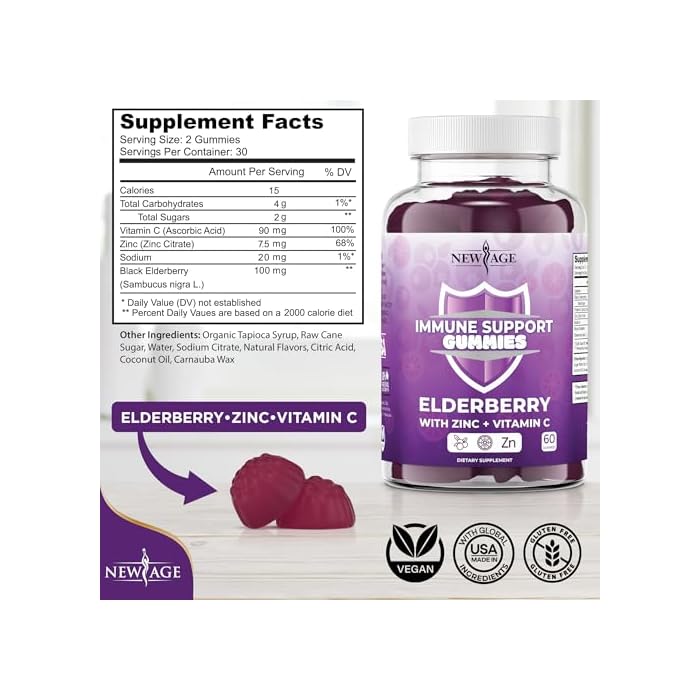 NEW AGE Immune System Support Gummies - Sambucus Black Elderberry Gummies with Vitamin C and Zinc (60 Count (Pack of 1)) - Image 2