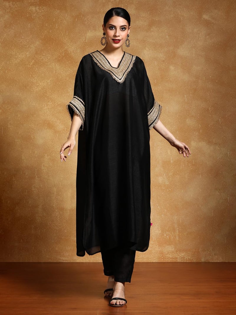 Varanga Women-Zari Embroidered Lace Neck Flared Kaftan With Trouser - Image 2