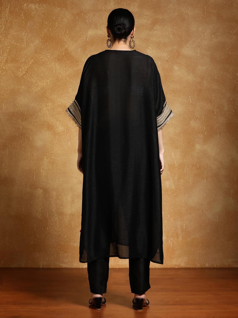Varanga Women-Zari Embroidered Lace Neck Flared Kaftan With Trouser - Image 4