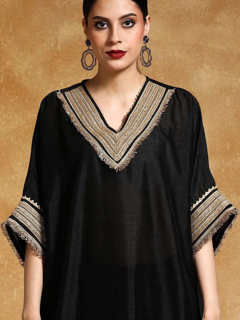 Varanga Women-Zari Embroidered Lace Neck Flared Kaftan With Trouser - Image 5