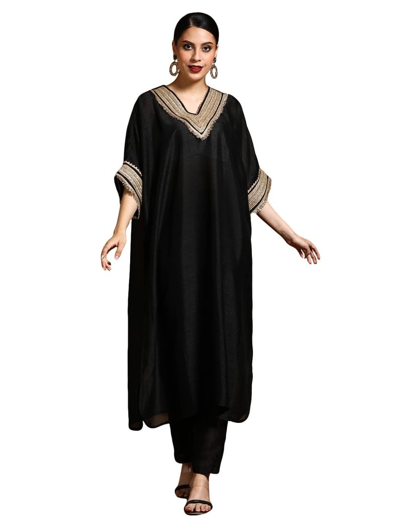 Varanga Women-Zari Embroidered Lace Neck Flared Kaftan With Trouser - Image 1
