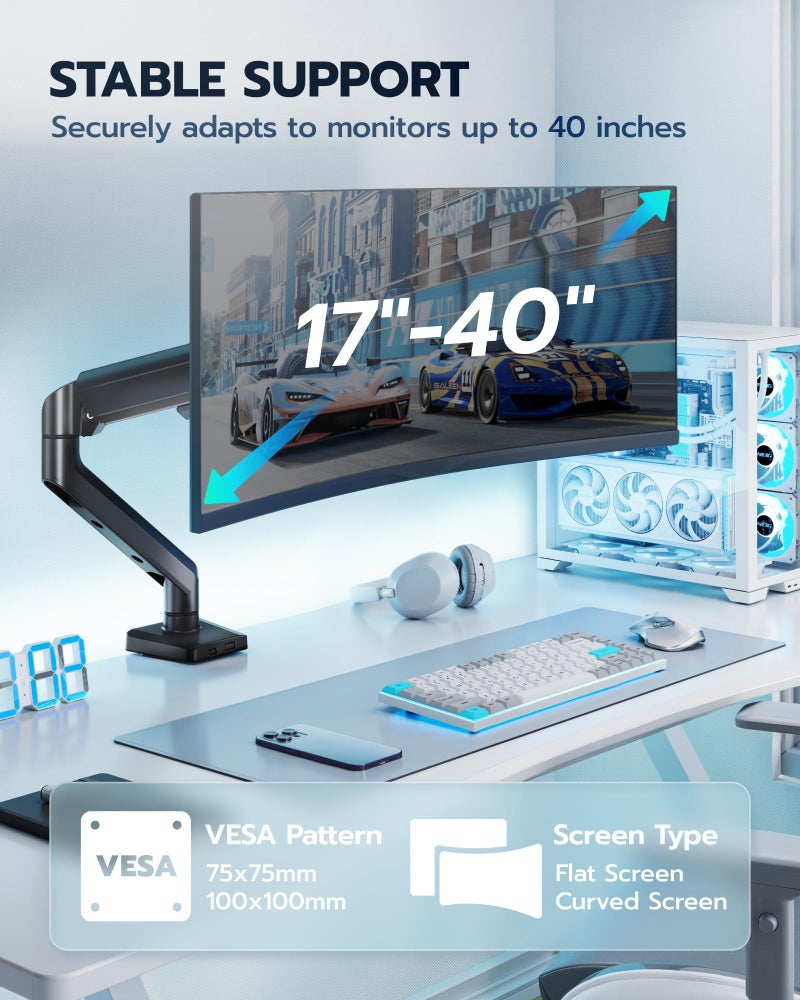 ARES WING Heavy Duty Single Monitor Arm - Fully Adjustable Monitor Mount for 17"-40" Ultrawide Screens up to 26.4 lbs with Clamp/Grommet Desk Mount, 75/100 Vesa Mount, Black - Image 5