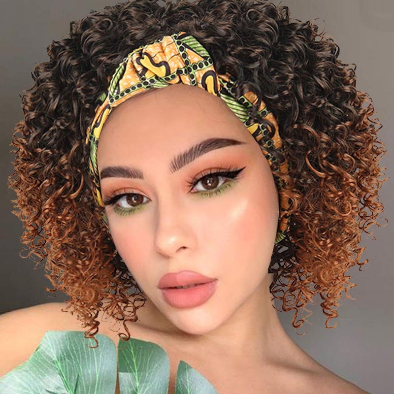 Aisaide Afro Kinky Curly Wig Headband Wigs for Black WomenShort Ombre Brown Wig with Headband Attached Natural Full Afro Wig HeadWrap 2 in 1 Synthetic