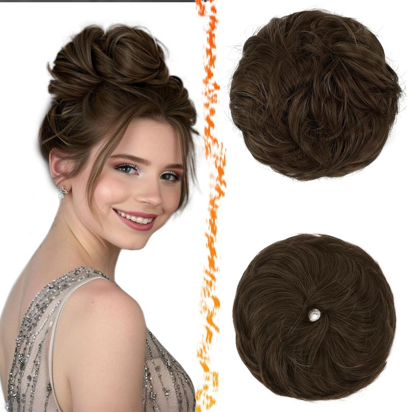 BARSDAR 2 Pieces Hairpiece with Elastic Band, Messy Bun Hair Scrunchie Hair Bun Extensions for Women Synthetic Hair Updo Hairstyles Thick Hair Bun Hair Extensions Hairpieces - Chocolate Brown - Image 1