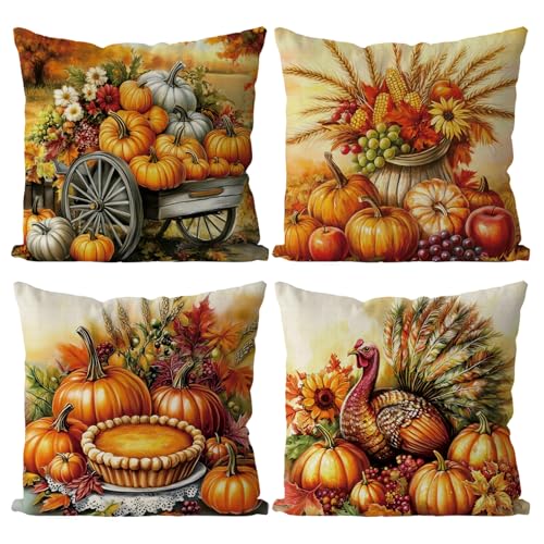 GAGEC Thanksgiving Pillow Covers 18x18 Inch Set of 4 Pumpkin Throw Pillowcase Thanksgiving Day Fall Autumn Home Decor Living Room Decorative Cushion Case - Image 1
