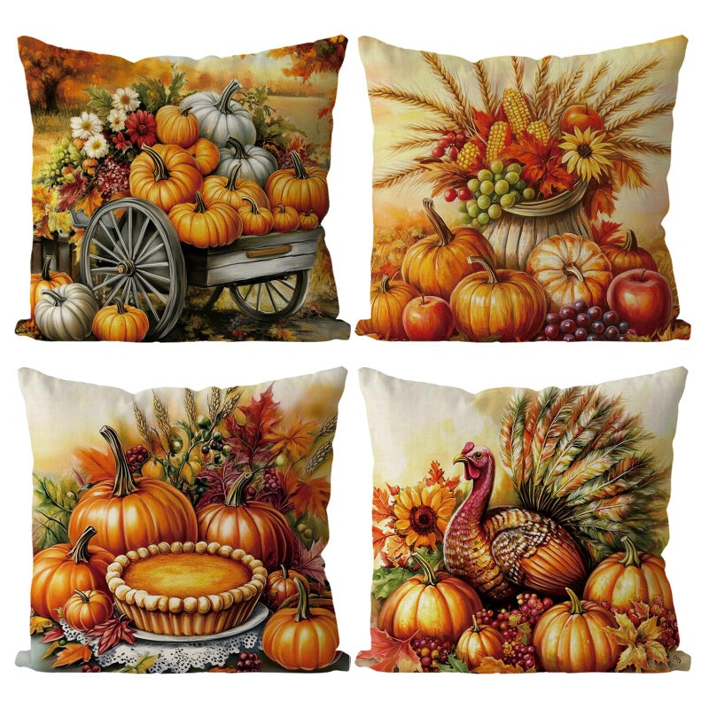 GAGEC Thanksgiving Pillow Covers 18x18 Inch Set of 4 Pumpkin Throw Pillowcase Thanksgiving Day Fall Autumn Home Decor Living Room Decorative Cushion Case - Image 2