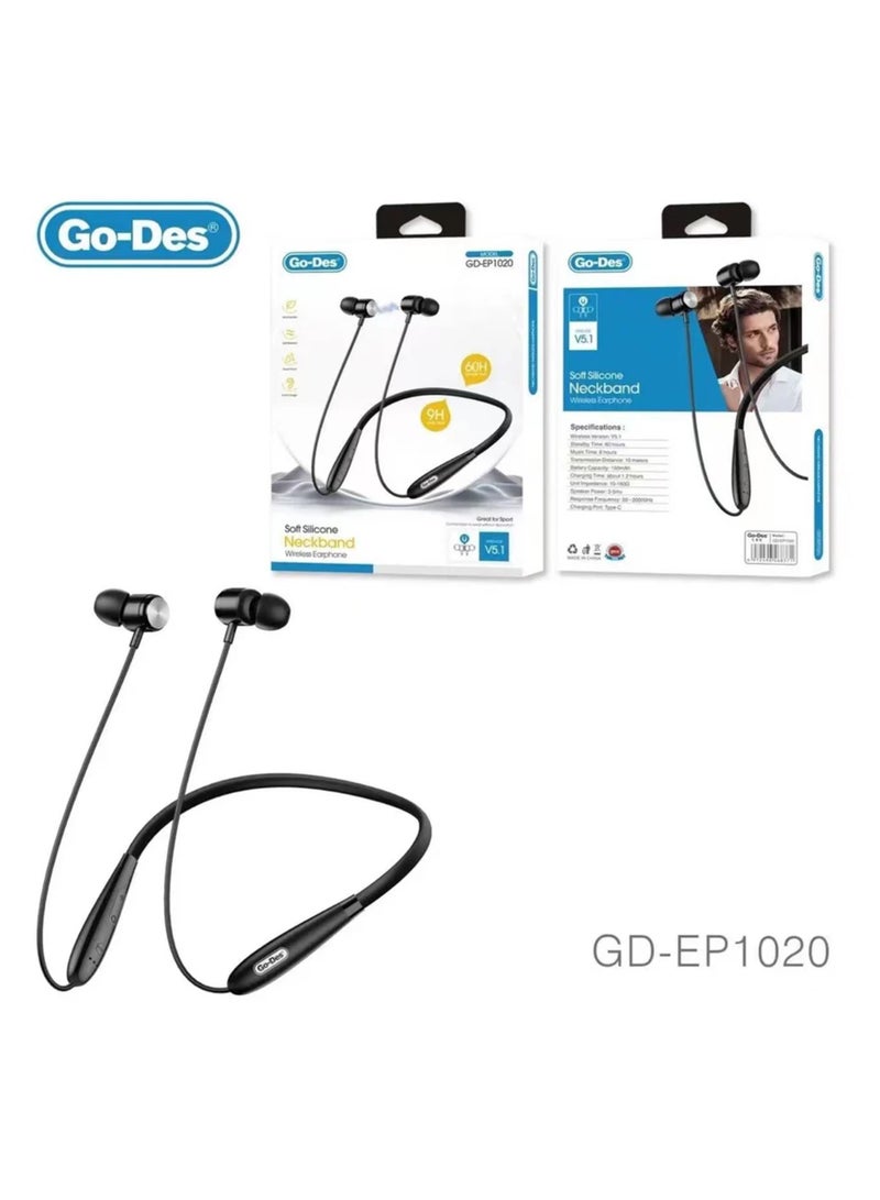 Go-Des Hands-free Magnetic Bluetooth Neckband Earphone-GD-EP1020 - Black - Image 2