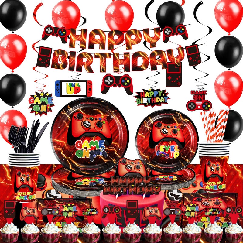 Mpanwen Red Video Game Party Supplies  212Pcs Gamer Gaming Party Decoration For Boys Birthday Party  Table Cover Plates Cups Napkins Utensils Hanging Swirls Banner Topper Serves 16 Guests - Image 2