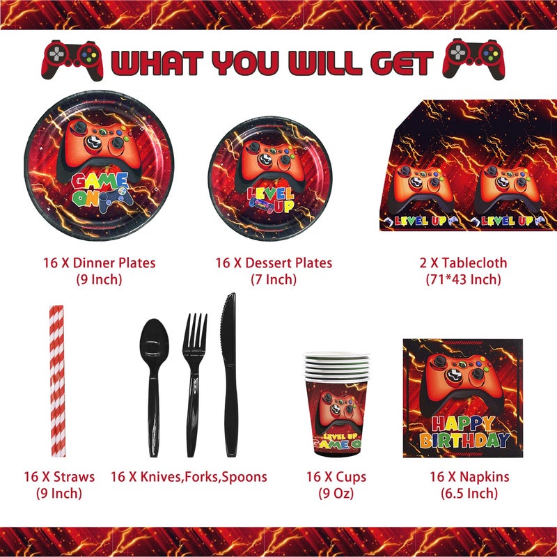 Mpanwen Red Video Game Party Supplies  212Pcs Gamer Gaming Party Decoration For Boys Birthday Party  Table Cover Plates Cups Napkins Utensils Hanging Swirls Banner Topper Serves 16 Guests - Image 3