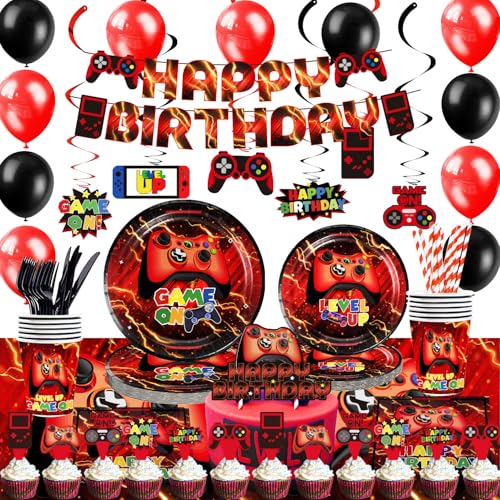 Mpanwen Red Video Game Party Supplies  212Pcs Gamer Gaming Party Decoration For Boys Birthday Party  Table Cover Plates Cups Napkins Utensils Hanging Swirls Banner Topper Serves 16 Guests - Image 1