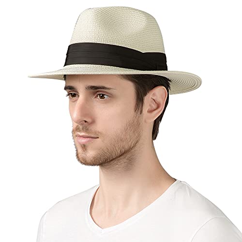 Lanzom Summer Beach Sun Hats for Men Women Foldable Travel Packable Staw Hat, Wide Brim Hat (Style B-Ivory White, Large Size:Fit for 23"-23.6") - Image 1