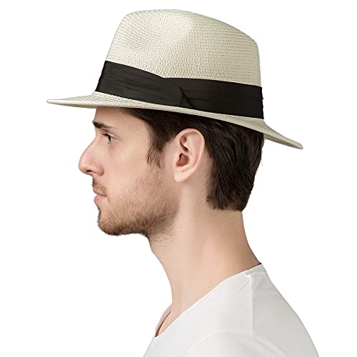 Lanzom Summer Beach Sun Hats for Men Women Foldable Travel Packable Staw Hat, Wide Brim Hat (Style B-Ivory White, Large Size:Fit for 23"-23.6") - Image 2