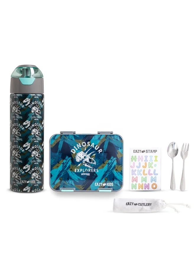 Eazy Kids Eazy Kids 6 & 4 Convertible Bento Lunch Box w/ Water Bottle, Steel Spoon & Fork Set and Alphabets Sticker - T-Rex Grey