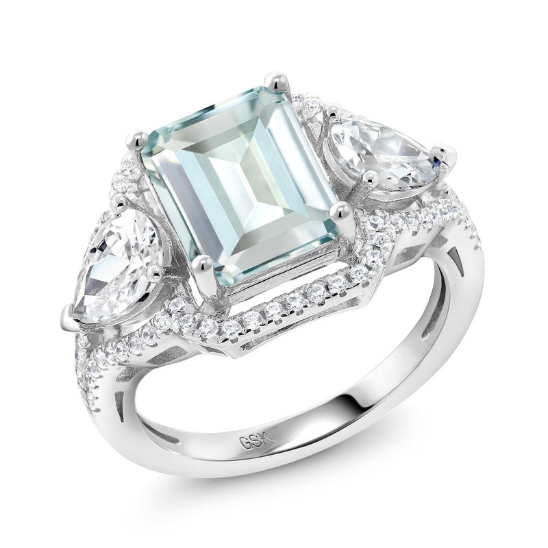 Gem Stone King 3.89 Cttw Sky Blue Simulated Aquamarine Ring For Women In 925 Sterling Silver | Emerald Cut 10X8MM | Available In Size 5, 6, 7, 8, 9 - Image 1