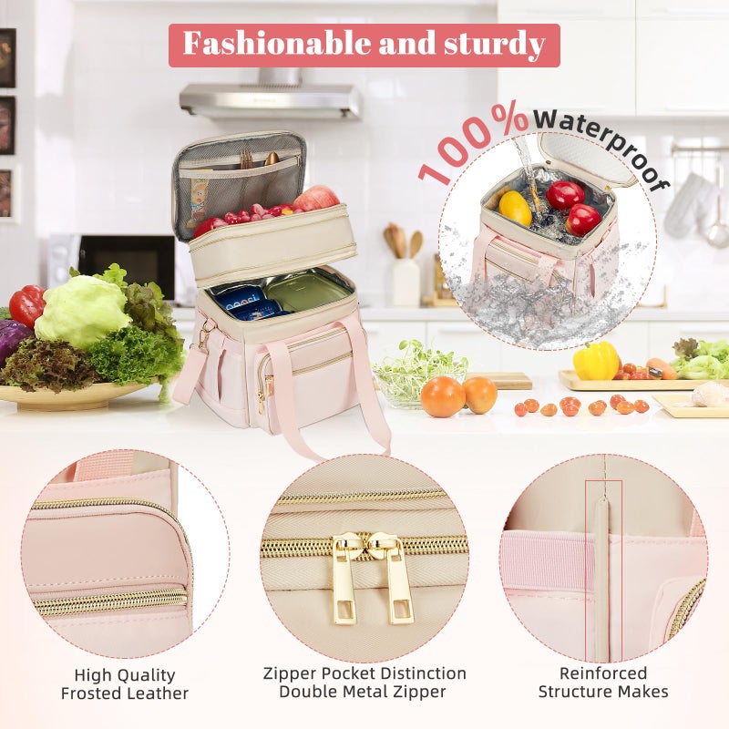 Holuxer Insulated Lunch Bag & Lunch Box For Women - Double Deck Reusable Lunch Bag For Men Tote Cooler Bag Leakproof Soft Expandable - Large Lunchbox For Work/Adult/Picnic/Outdoor (Pink - Image 4