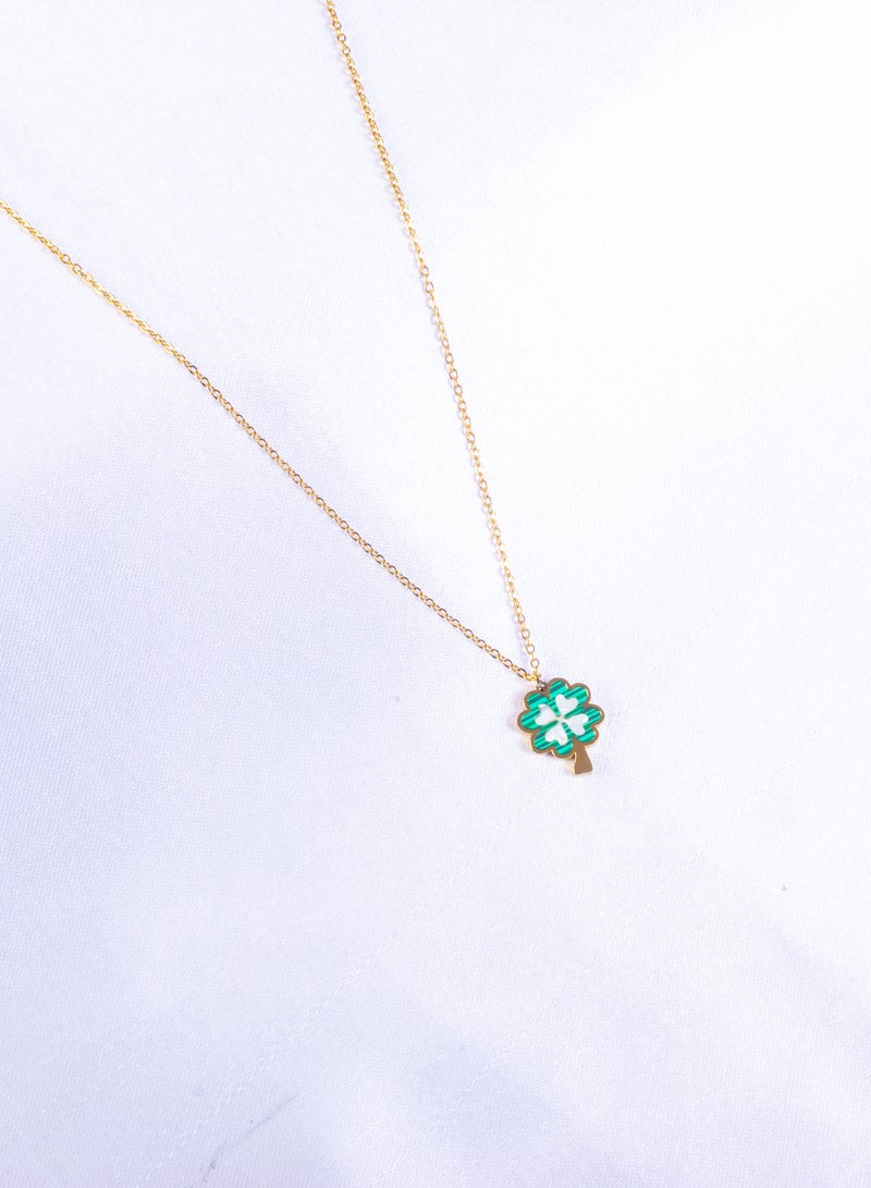 Stainless Steel Necklace Gold with a Green Clamshell Clover Leaf Pendant