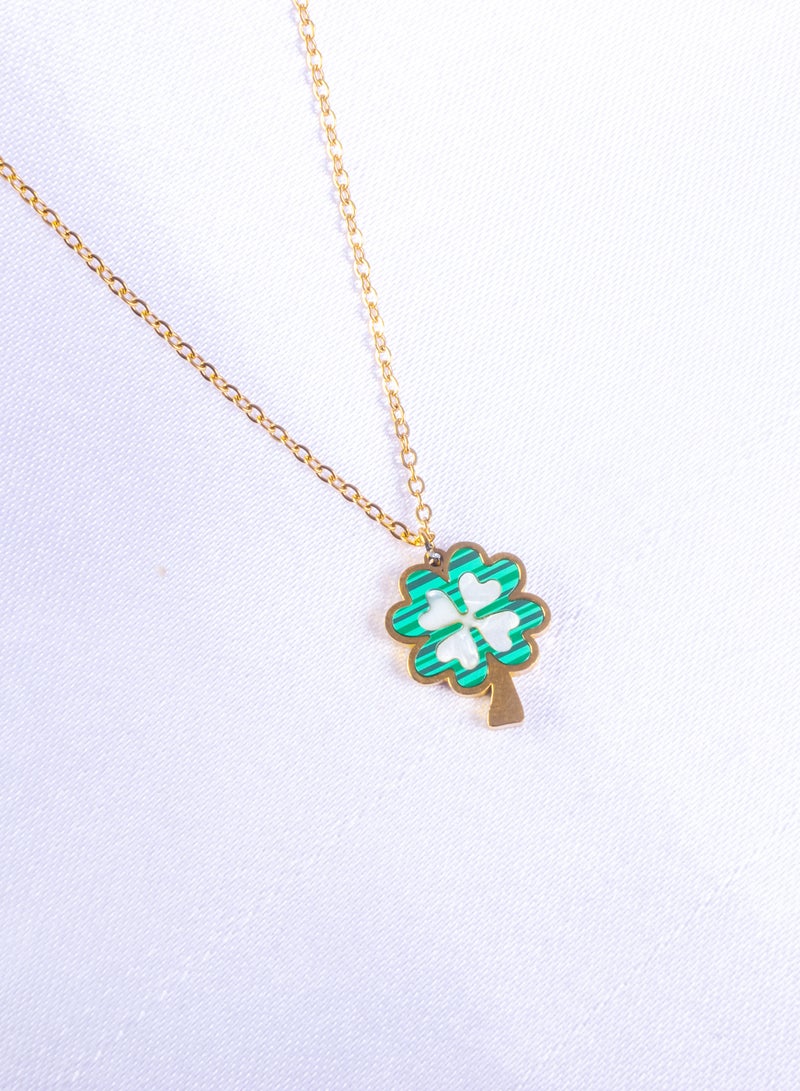 Stainless Steel Necklace Gold with a Green Clamshell Clover Leaf Pendant