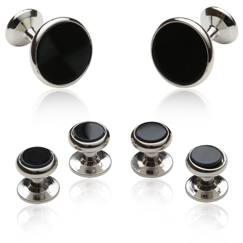 Cuff-Daddy Mens Black Onyx and Silver Cufflinks Studs Tuxedo Formal Set with Presentation Box Groom Groomsmen Wedding - Image 1